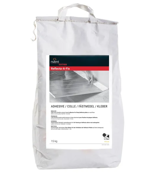 Large white bag with red label displaying the part code and an image of a board being layed.