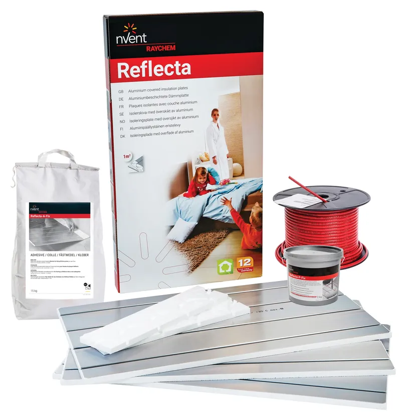 Reflecta box with a reel of T2Red to one side, some reflecta plates in front and a bag of primer.