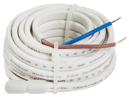 White cable coiled with blue and brown wires exposed on one end, with a sensor on the other.