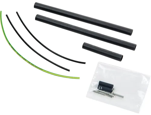 Three large pieces of black heat shrink, two small black and a small yellow/green earth heat shrink with a bag of crimp joins.