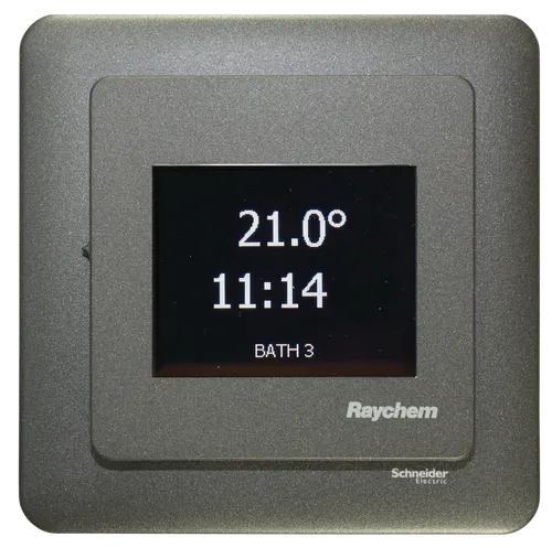 Senz controller displaying temperature and time fitted with the optional anthracite frame and front.