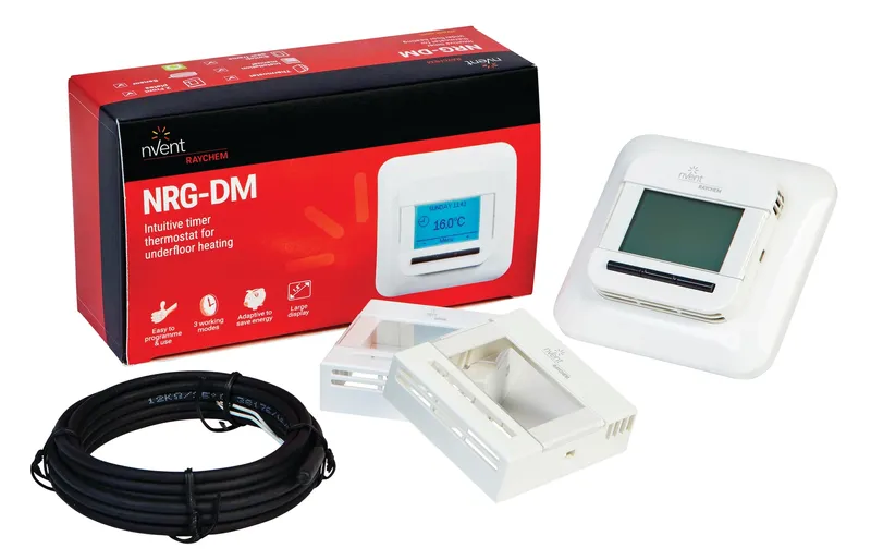 Raychem NRG-DM thermostat with packaging box in background and coiled sensor lead.