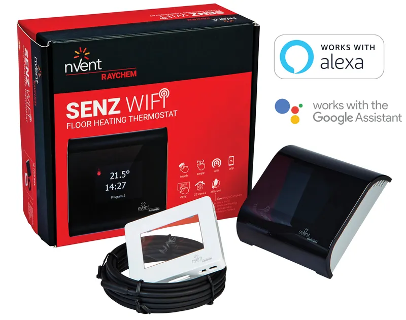 Raychem Senz thermostat with packaging box in background and coiled sensor lead.  Shows badges to show Alexa and Google compatibility.