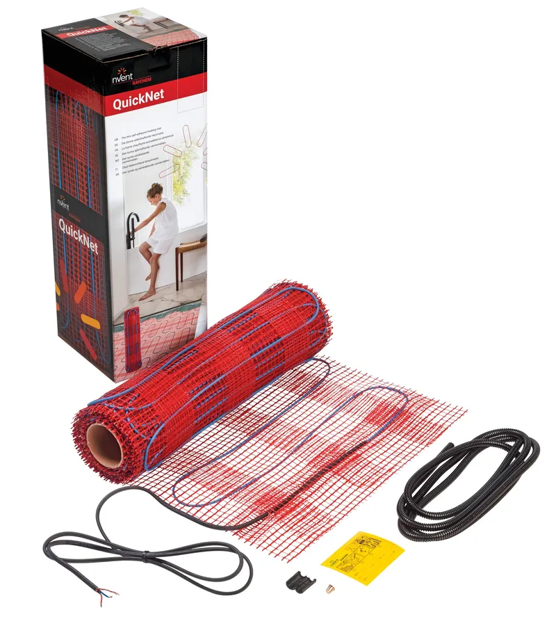 A partially unrolled Quicknet mat with it's red netting in front of the supplied box and other accessories in front.